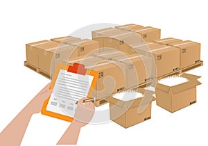 Product quality inspector With clipboard, check for stock quality report, quality control of cardboard packaging boxes before