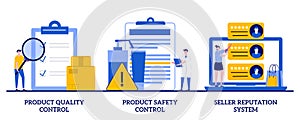 Product quality and safety control, seller reputation system concept with tiny people. Customer satisfaction vector illustration