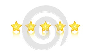 Product ratings, five stars or golden star, quality rating, feedback, premium icon flat logo in yellow on isolated white