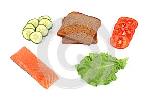 Product set. Salmon, fresh vegetables, cucumber, tomatoes, bread,. Isolated on white background,