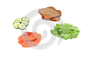 Product set. Salmon, fresh vegetables, cucumber, tomatoes, bread,. Isolated on white background,
