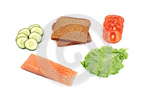 Product set. Salmon, fresh vegetables, cucumber, tomatoes, bread,. Isolated on white background,