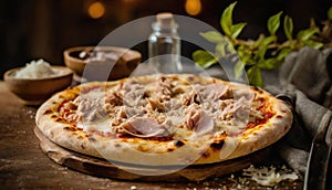 Product shot of delicious tuna cheese pizza rustic setting food photography