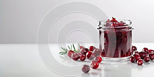 Product shot of glass of cranberry jam