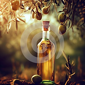 product shot of olive oil bottle standing between olive tree branches with olives hanging on them