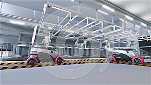 Product sorting plant. Loading autonomous delivery robots. 3D animation.