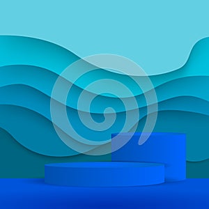 Product stand blue display with abstract wave design background