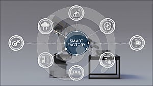 Product to using Robot arm in Smart factory. Surrounded Smart factory information graphic icon. internet of things.