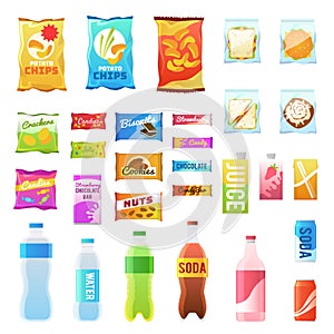 Product for vending. Tasty snacks sandwich biscuit candy chocolate drinks juice beverages pack retail, set flat vector