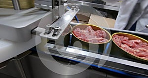 Production of canned meat. Finished cans of meat without labels are moved along the conveyor