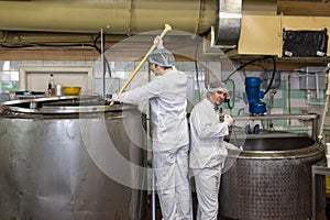 Production of cheese in dairy, two worker