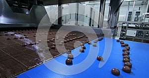 Production of chocolates. Automated chocolate production line at the factory