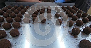 Production of chocolates. Automated chocolate production line at the factory