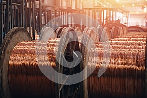 Production of copper wire, bronze cable in reels at factory