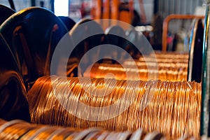 Production of copper wire, cable in reels at factory. Cable factory.