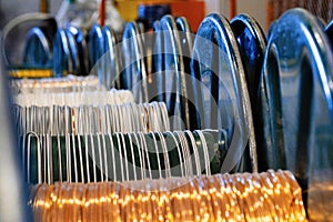 Production of copper wire, cable in reels at factory. Cable factory.