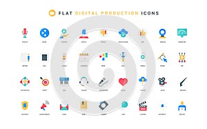 Production of digital content for online blog, vlog, mobile player app color icon set photo