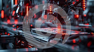 The production and distribution process in a factory, which represents the use of technology in making the process. Generative AI photo