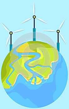 Production of eco friendly electricity with wind power station. World globe vector illustration