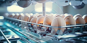 Production eggs, conveyor in food industry. Close up. Generative AI