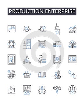 Production enterprise line icons collection. Creation business, Assembly company, Manufacturing corporation, Building