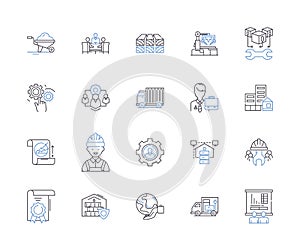 Production enterprise outline icons collection. Enterprise, Production, Manufacturing, Company, Factory, Organization