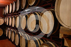 Production of fortified jerez, xeres, sherry wines in dark oak barrels in sherry triangle, Jerez la Frontera, El Puerto Santa