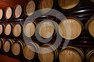 Production of fortified jerez, xeres, sherry wines in dark oak barrels in sherry triangle, Jerez la Frontera, El Puerto Santa