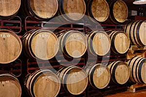 Production of fortified jerez, xeres, sherry wines in dark oak barrels in sherry triangle, Jerez la Frontera, El Puerto Santa