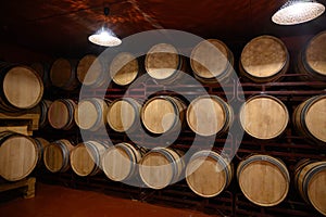 Production of fortified jerez, xeres, sherry wines in dark oak barrels in sherry triangle, Jerez la Frontera, El Puerto Santa