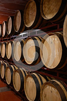 Production of fortified jerez, xeres, sherry wines in dark oak barrels in sherry triangle, Jerez la Frontera, El Puerto Santa