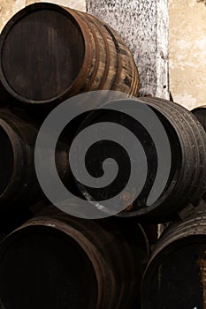 Production of fortified jerez, xeres, sherry wines in old oak barrels in sherry triangle, Jerez la Frontera, El Puerto Santa Maria