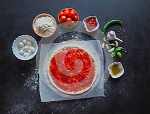 Production of Italian pizza Margarita. Stage of production. Tomato sauce, mozzarella cheese and tomatoes.