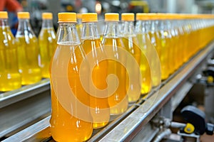 production of juices in bottles, Production and bottling of juice in a bottle . Conveyor with bottles