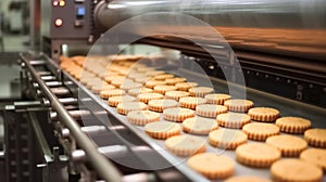 Production line of baking cookies. Biscuits on conveyor belt in confectionery factory.