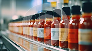 a production line in a factory where hot sauce bottles are being filled, sealed, and labeled. The machinery is inspecting the