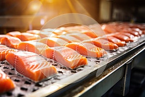 A production line of fresh salmon fillets at a fish processing factory. Close-up