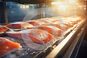 A production line of fresh salmon fillets at a fish processing factory. Close-up