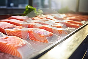 A production line of fresh salmon fillets at a fish processing factory. Close-up