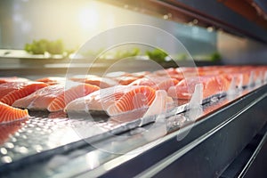 A production line of fresh salmon fillets at a fish processing factory. Close-up