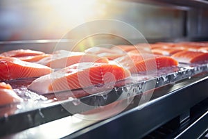 A production line of fresh salmon fillets at a fish processing factory. Close-up