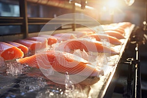 A production line of fresh salmon fillets at a fish processing factory. Close-up