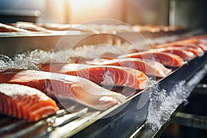 A production line of fresh salmon fillets at a fish processing factory. Close-up