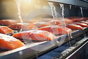 A production line of fresh salmon fillets at a fish processing factory. Close-up