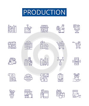 Production line icons signs set. Design collection of Producing, Manufacturing, Output, Generating, Fabricating, Making