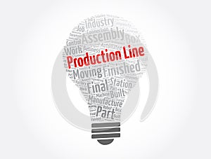 Production Line light bulb word cloud collage, business concept background