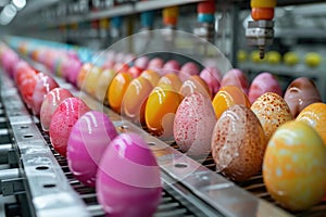 The production line showcases a vibrant array of Easter eggs in a gradient of pink to orange, symbolizing a blend of