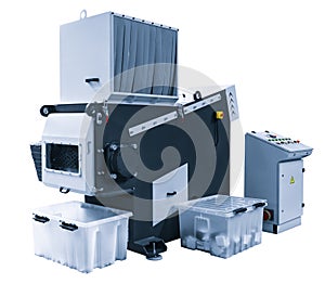 Production machine for manufacture products from pvc plastic extrusion technology isolated on white