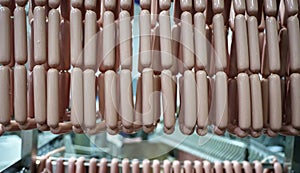 Production of meat sausages. Meat factory and industry.