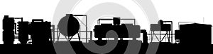 Production plant. Barrels with pipes. Silhouette of objects. Seamless horizontal composition. Industrial equipment